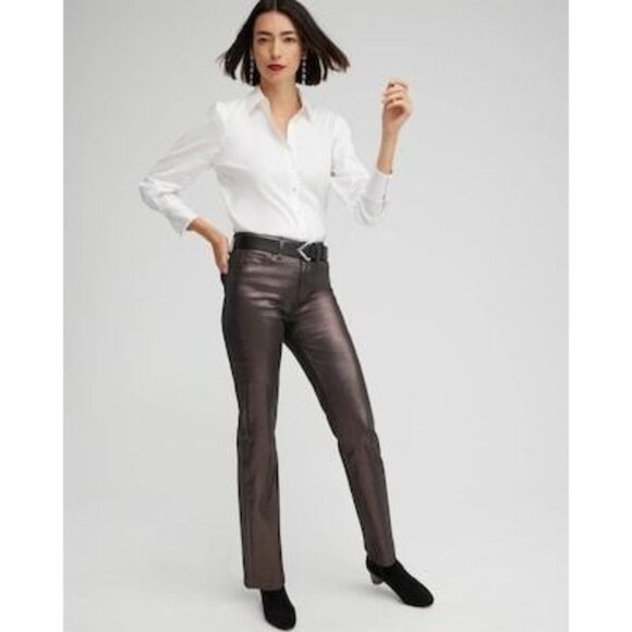 Chico's High Rise Coated Straight Jeans Bronze coated 1 size 8 Medium NWT - Picture 1 of 8